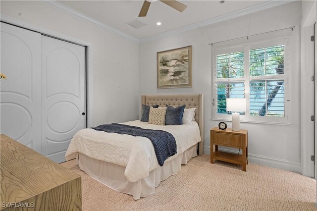 10371 Via Anacapri Ct, Miromar Lakes, FL 33913 - bedroom featuring a closet, ornamental molding, visible vents, recessed lighting, and baseboards