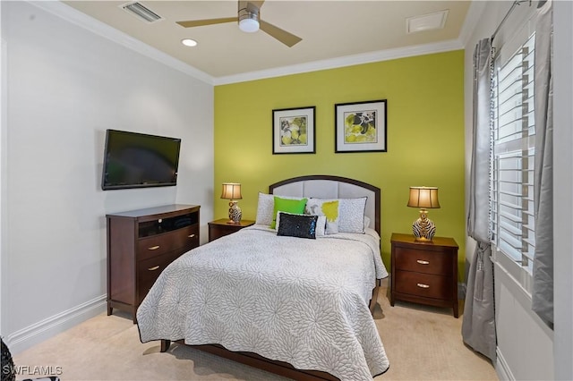 10371 Via Anacapri Ct, Miromar Lakes, FL 33913 - bedroom with ceiling fan, ornamental molding, visible vents, and light colored carpet