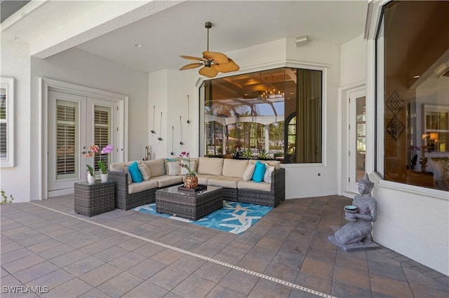10371 Via Anacapri Ct, Miromar Lakes, FL 33913 - view of patio / terrace with an outdoor hangout area, french doors, and a ceiling fan
