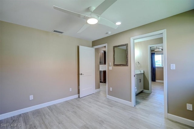 unfurnished bedroom with ceiling fan, light wood finished floors, recessed lighting, baseboards, and visible vents