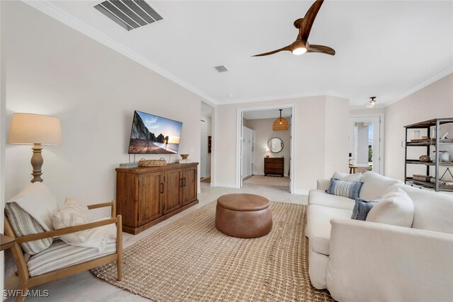 28306 Captiva Shell Loop, Bonita Springs, FL 34135 - living area with light tile patterned floors, ceiling fan, ornamental molding, and visible vents