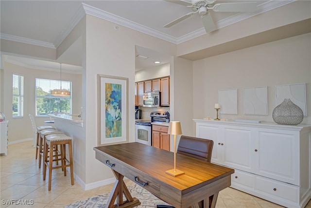 home office featuring light tile patterned floors, baseboards, and ornamental molding