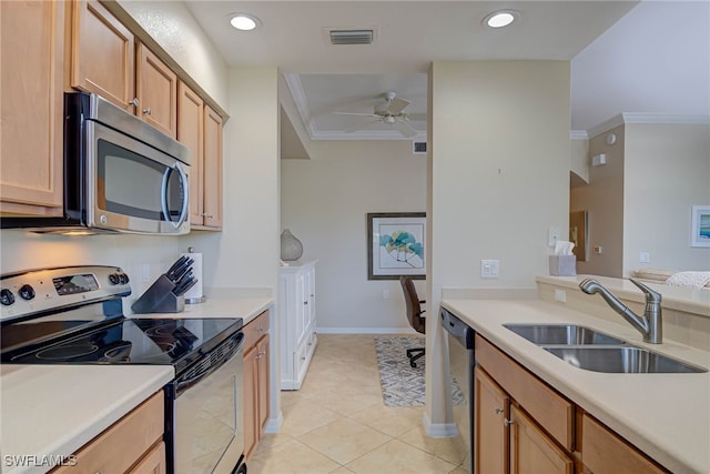 kitchen featuring visible vents, ceiling fan, light countertops, a sink, and appliances with stainless steel finishes