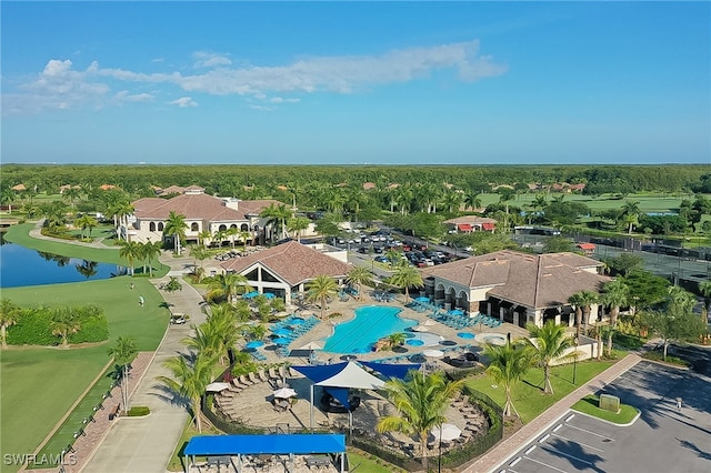 birds eye view of property featuring a water view