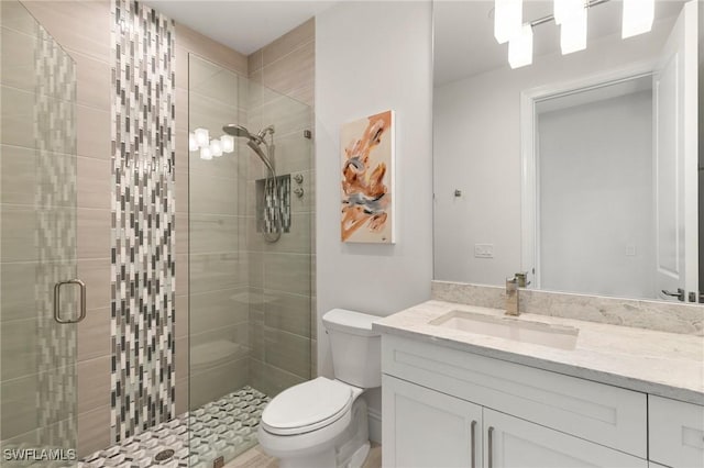 bathroom with vanity, toilet, and a shower stall