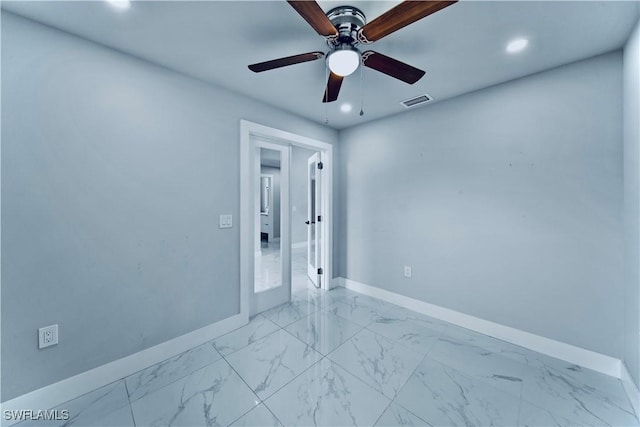 unfurnished bedroom featuring baseboards, recessed lighting, and visible vents