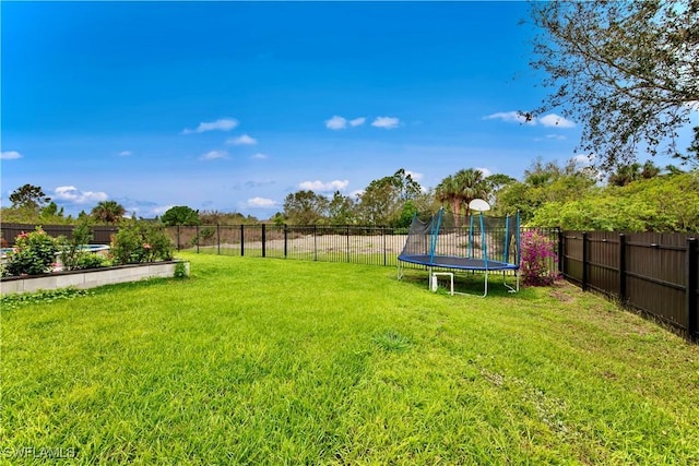 view of yard featuring a fenced backyard and a trampoline