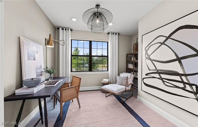 office area with an inviting chandelier, baseboards, and recessed lighting