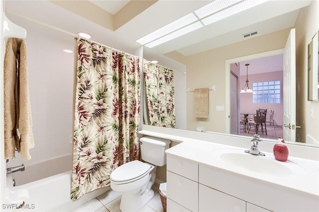 full bath with toilet, tile patterned flooring, vanity, and shower / bathtub combination with curtain