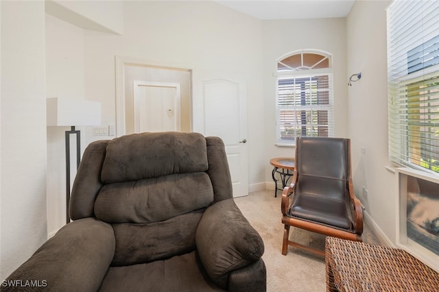 living area featuring plenty of natural light, carpet, and baseboards