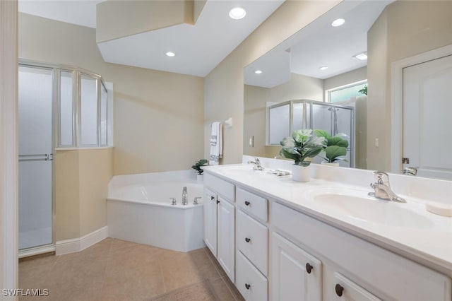 full bath with a stall shower, a bath, double vanity, tile patterned flooring, and recessed lighting