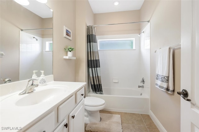 bathroom with toilet, shower / bath combo with shower curtain, tile patterned flooring, and vanity