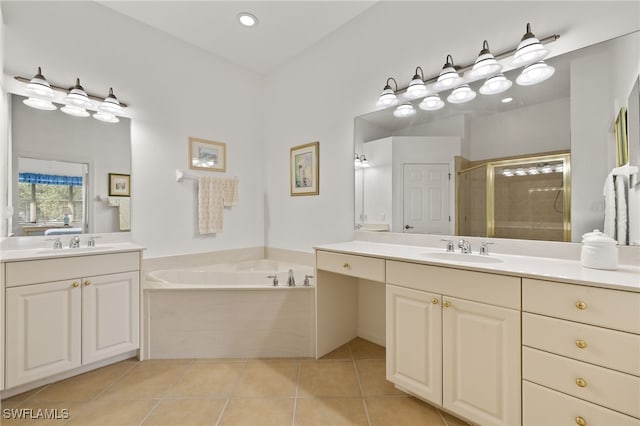14572 Bellino Ter Unit 202, Bonita Springs, FL 34135 - full bath with a bath, tile patterned flooring, a shower stall, and a sink