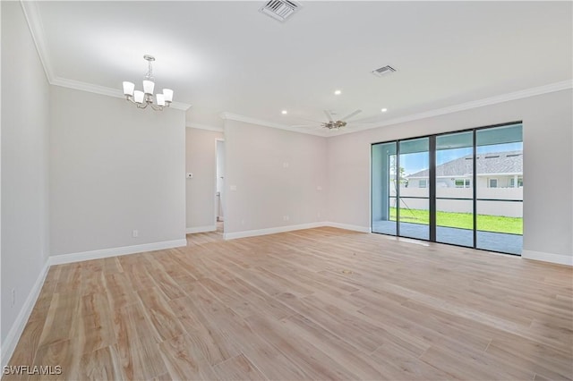 unfurnished room featuring crown molding, baseboards, visible vents, and light wood-type flooring
