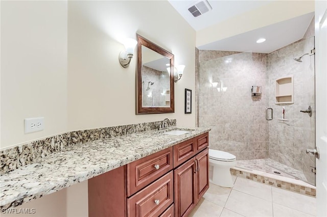 23061 Grassy Pine Dr, Estero, FL 33928 - bathroom with visible vents, vanity, toilet, tile patterned floors, and a shower stall