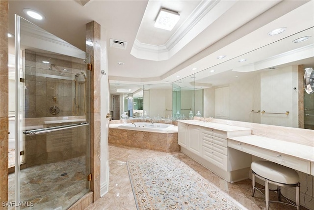 8477 Bay Colony Dr Unit 1102, Naples, FL 34108 - full bathroom with crown molding, a garden tub, visible vents, and a shower stall