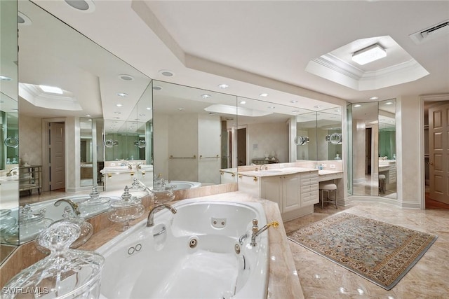 8477 Bay Colony Dr Unit 1102, Naples, FL 34108 - full bathroom featuring a raised ceiling, a whirlpool tub, recessed lighting, visible vents, and ornamental molding