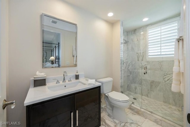 bathroom with toilet, marble look tiles, a stall shower, vanity, and recessed lighting