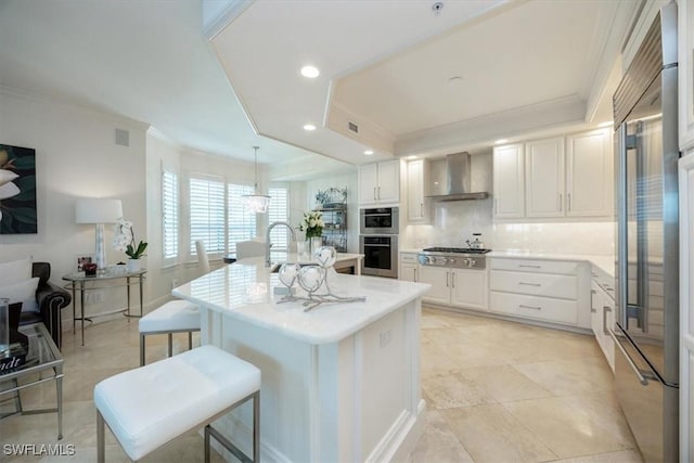 kitchen with wall chimney exhaust hood, ornamental molding, a raised ceiling, appliances with stainless steel finishes, and backsplash