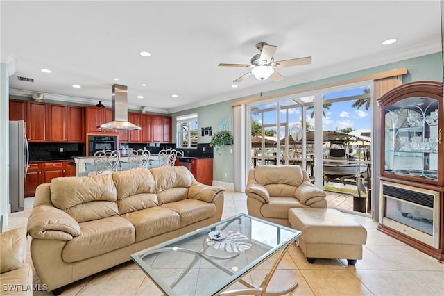 4938 Viceroy St Unit 107, Cape Coral, FL 33904 - living room with crown molding, light tile patterned flooring, a ceiling fan, recessed lighting, and visible vents