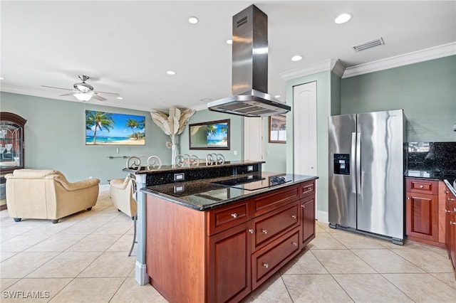 4938 Viceroy St Unit 107, Cape Coral, FL 33904 - kitchen featuring stainless steel fridge with ice dispenser, ornamental molding, black electric stovetop, and island exhaust hood