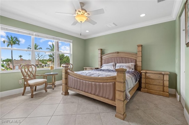 4938 Viceroy St Unit 107, Cape Coral, FL 33904 - bedroom with ceiling fan, crown molding, light tile patterned floors, baseboards, and recessed lighting
