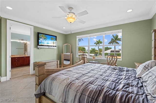 4938 Viceroy St Unit 107, Cape Coral, FL 33904 - bedroom featuring a ceiling fan, light tile patterned floors, connected bathroom, ornamental molding, and recessed lighting