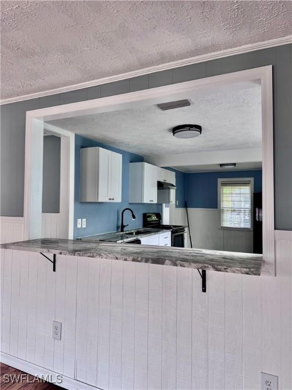 2739 Michigan Ave, Fort Myers, FL 33916 - kitchen with stainless steel electric range, a textured ceiling, a sink, white cabinetry, and dark countertops