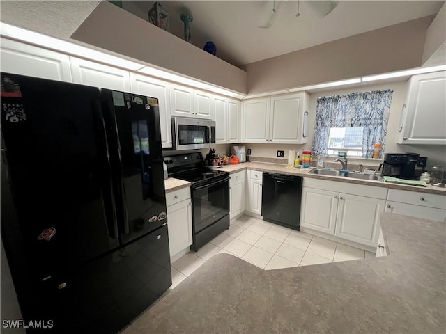 kitchen with white cabinetry, a sink, light tile patterned floors, and black appliances