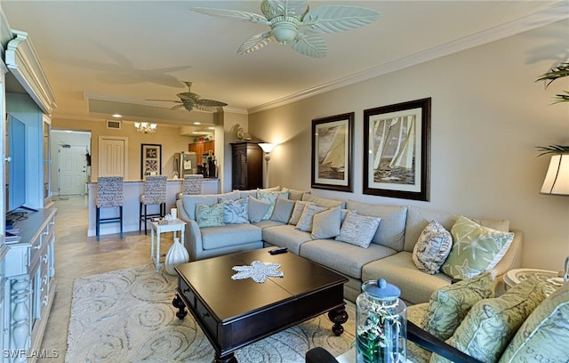 living area featuring ornamental molding, ceiling fan with notable chandelier, light tile patterned flooring, and visible vents