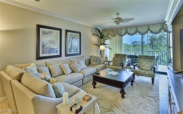 living room featuring crown molding, ceiling fan, and light tile patterned floors