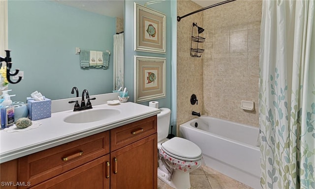 bathroom featuring tile patterned flooring, shower / tub combo with curtain, toilet, and vanity