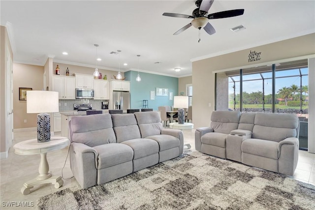 11716 Avingston Ter, Fort Myers, FL 33913 - living room with light tile patterned floors, a ceiling fan, recessed lighting, ornamental molding, and baseboards