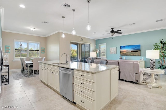 kitchen featuring stainless steel dishwasher, crown molding, and a sink