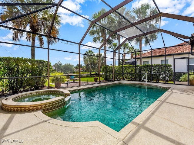 12156 Ledgewood Cir, Fort Myers, FL 33913 - view of pool featuring glass enclosure, a patio, and a pool with connected hot tub