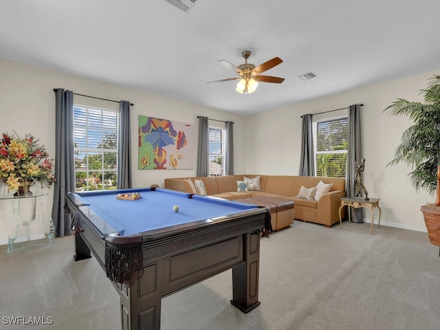 12156 Ledgewood Cir, Fort Myers, FL 33913 - rec room featuring a ceiling fan, visible vents, baseboards, light colored carpet, and pool table