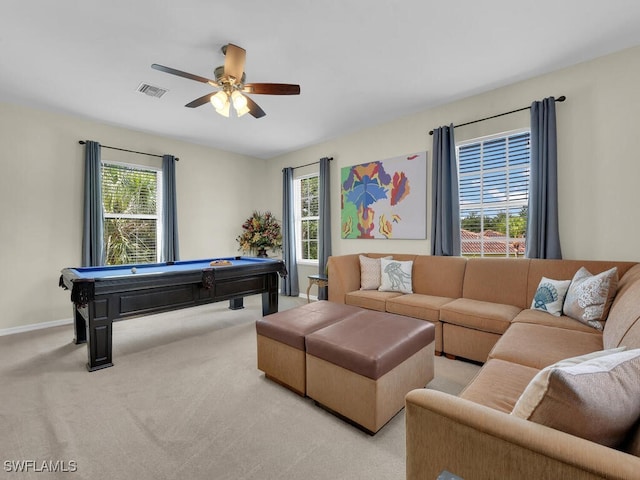 12156 Ledgewood Cir, Fort Myers, FL 33913 - living area featuring a ceiling fan, visible vents, baseboards, light carpet, and pool table