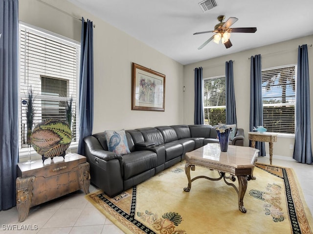12156 Ledgewood Cir, Fort Myers, FL 33913 - living area with ceiling fan, light tile patterned flooring, and visible vents