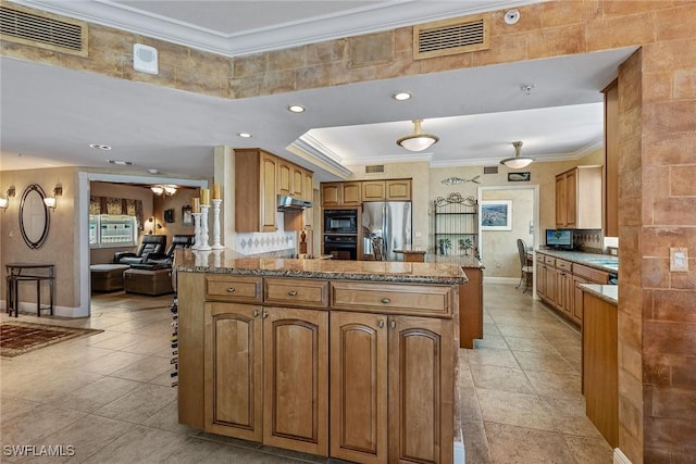 kitchen with stainless steel refrigerator with ice dispenser, ornamental molding, a peninsula, and visible vents