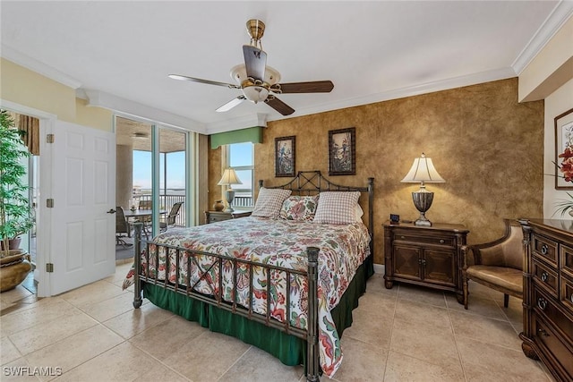 bedroom featuring crown molding, tile patterned flooring, a ceiling fan, and access to exterior