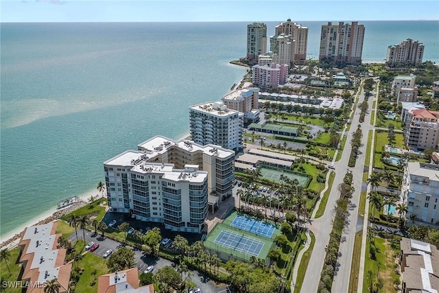 drone / aerial view featuring a water view and a city view
