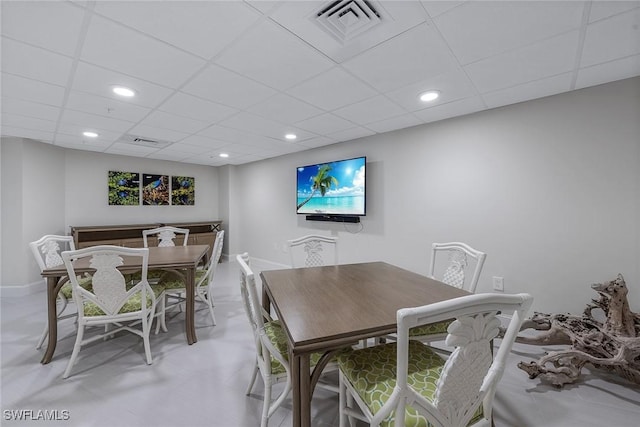 dining area featuring baseboards, recessed lighting, a paneled ceiling, and visible vents