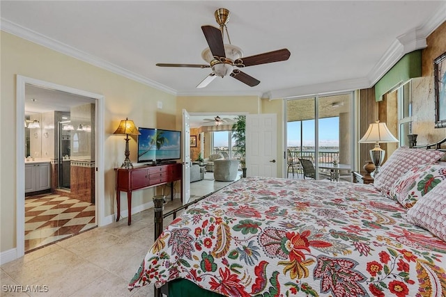 tiled bedroom featuring ornamental molding, baseboards, ensuite bathroom, access to outside, and a ceiling fan