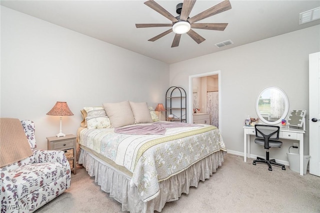 bedroom with baseboards, a ceiling fan, light colored carpet, and visible vents