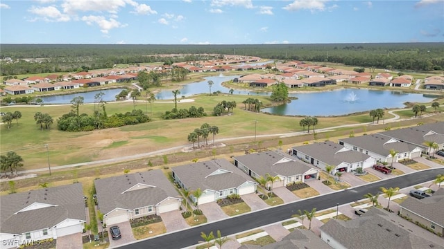 bird's eye view with a water view, view of golf course, and a residential view