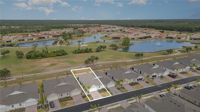 bird's eye view with a water view, view of golf course, and a residential view