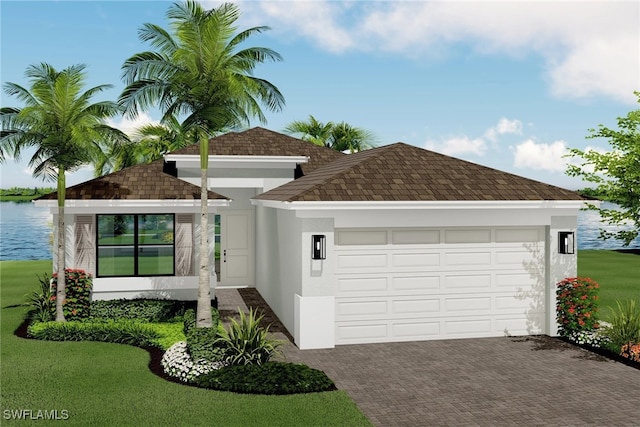 view of front of property with an attached garage, stucco siding, a front yard, a water view, and decorative driveway