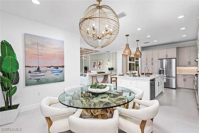 dining area featuring light tile patterned flooring, a notable chandelier, recessed lighting, baseboards, and visible vents