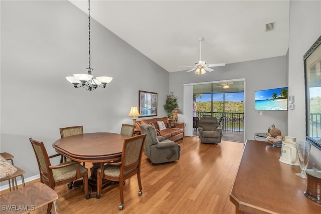 162 Newport Dr Unit 1208, Naples, FL 34114 - dining area with visible vents, light wood finished floors, ceiling fan with notable chandelier, and high vaulted ceiling
