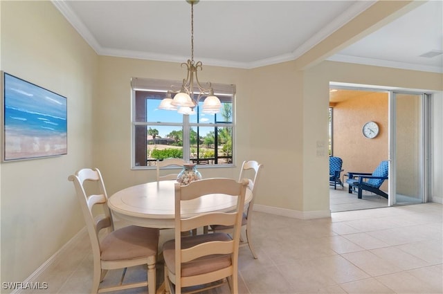 dining area with baseboards, ornamental molding, light tile patterned floors, and a chandelier
